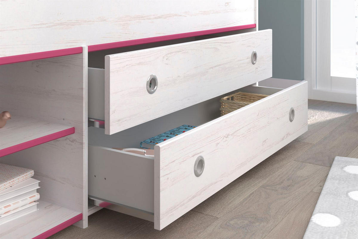 KINDERZIMMER-SET Pabloma 36b 5-tlg. Holznachbildung Kiefer Weiß/Pink - Pink/Weiß, Kunststoff (100/1/200cm) - 58aufmkessel