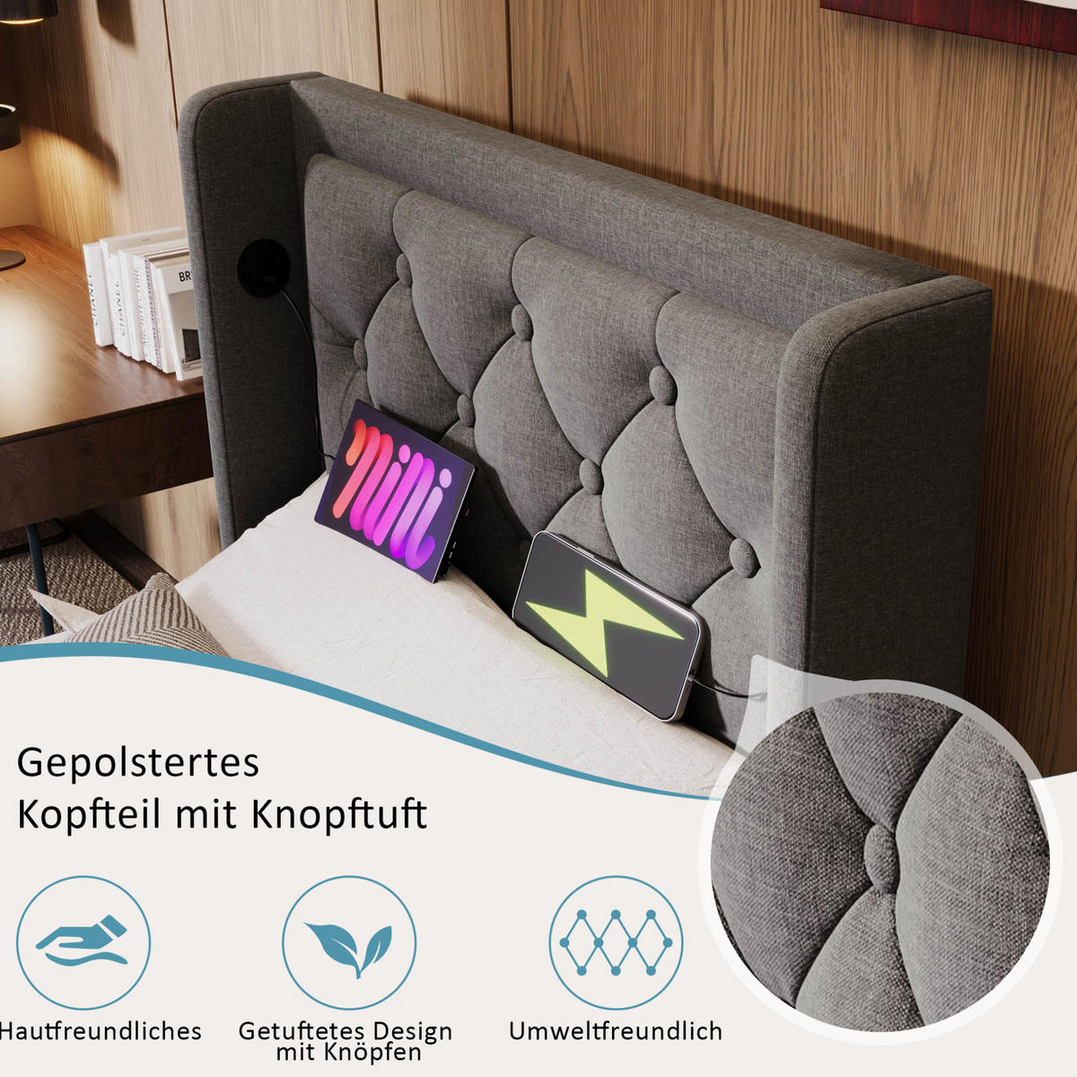 POLSTERBETT 90/200 cm Grau aus Baumwolle mit LED und USB-C - Grau, Textil (90/200cm) - OKMYHOME