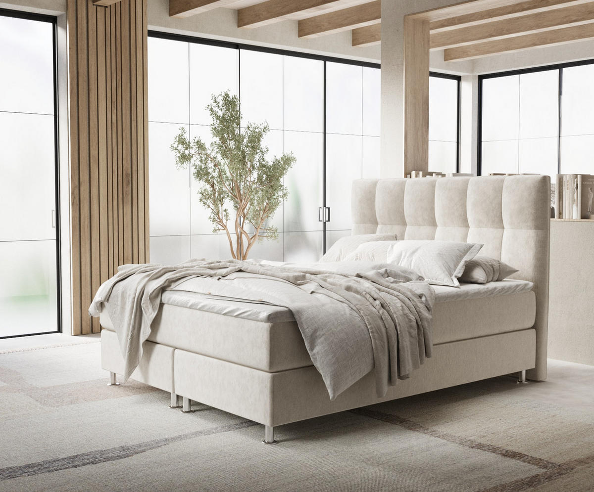 BOXSPRINGBETT Elisio Ecru 140/200 cm mit Latex-Topper - Ecru/Silberfarben, Holz/Holzwerkstoff (140/200cm) - Maison de Reve