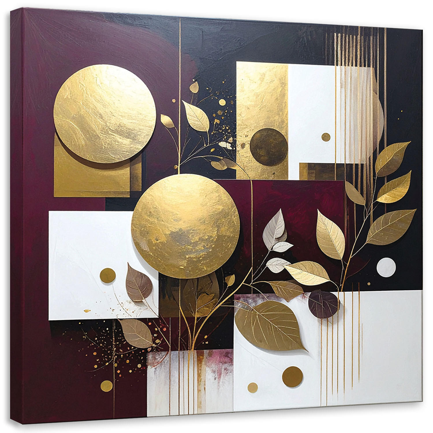 BILD auf Leinwand, Abstrakt Kreise Blätter in Bordeaux und Gold - Rot, Textil (20/20cm) - Feeby