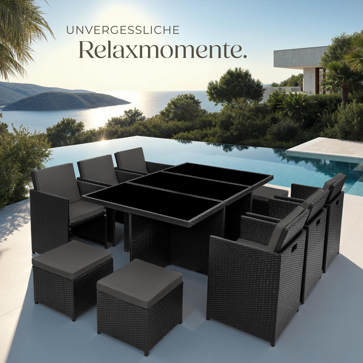 RATTAN SITZGRUPPE New York,2 Bezugssets, zusammenschiebbar, inklusive Schutzhülle,schwarz - Schwarz, Kunststoff - tectake