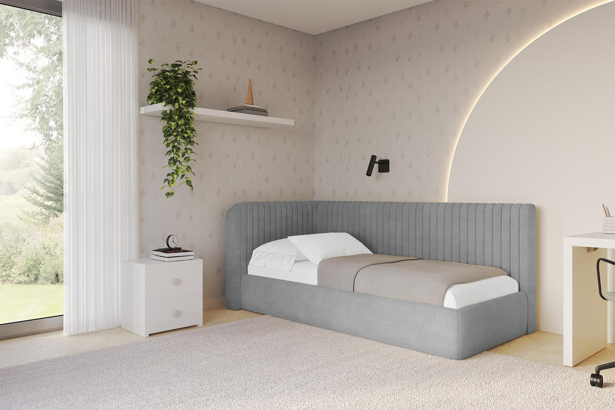 EINZELLBETT Jugendbett mit Bettkasten und Matratze H3/H4, Rechts - AURY 80x200 Grau - Silberfarben, Holzwerkstoff/Textil (80/200cm) - ALTDECOR