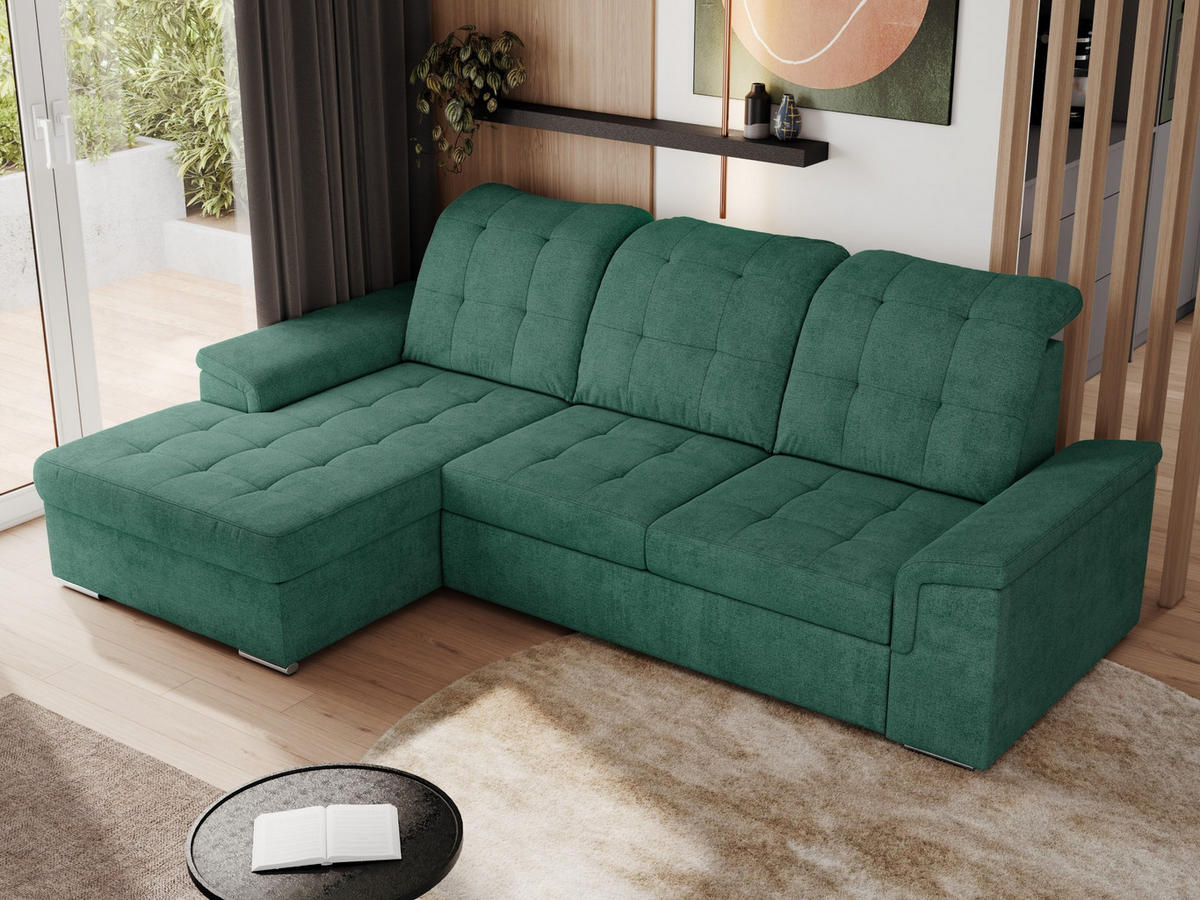 ECKSOFA MADRITO L - Grün Struktur - Links - Silberfarben/Grün, Textil/Metall (160/256cm)