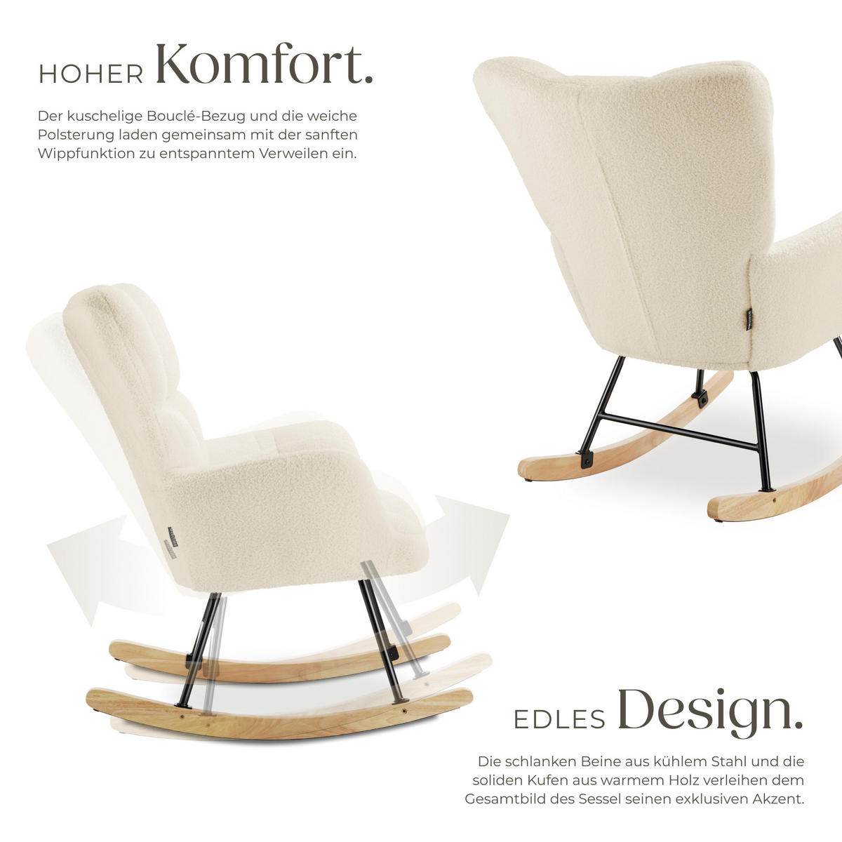 SCHAUKELSTUHL Torve,68 x 96 x 97 cm, Belastbarkeit 120 kg,Bouclé beige - Beige, Kunststoff (70/97/96cm) - tectake