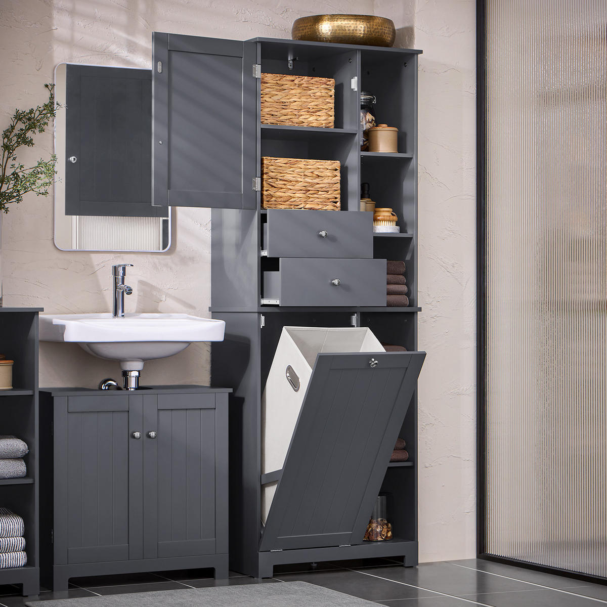 HOCHSCHRANK mit Wäschesack Grau - Grau, Holzwerkstoff (60/170/37cm) - SoBuy