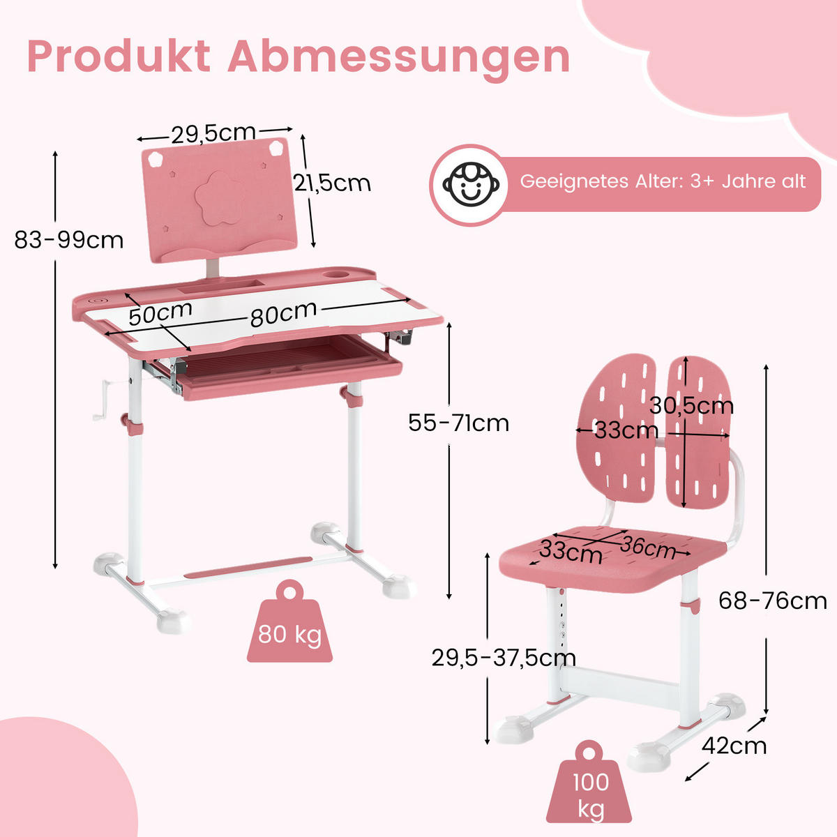 KINDERSCHREIBTISCH mit Stuhl Rosa(2-tlg) - Pink, Metall (80/83/50cm) - COSTWAY