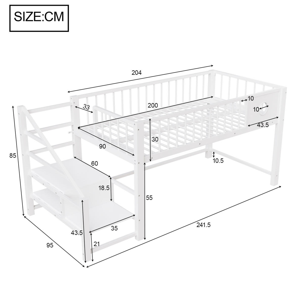 HOCHBETT 90/200 cm mit Stauraumleiter und großem Unterbett-Stauraum, Metall, Weiß - Weiß, Holzwerkstoff (90/200cm) - Redom