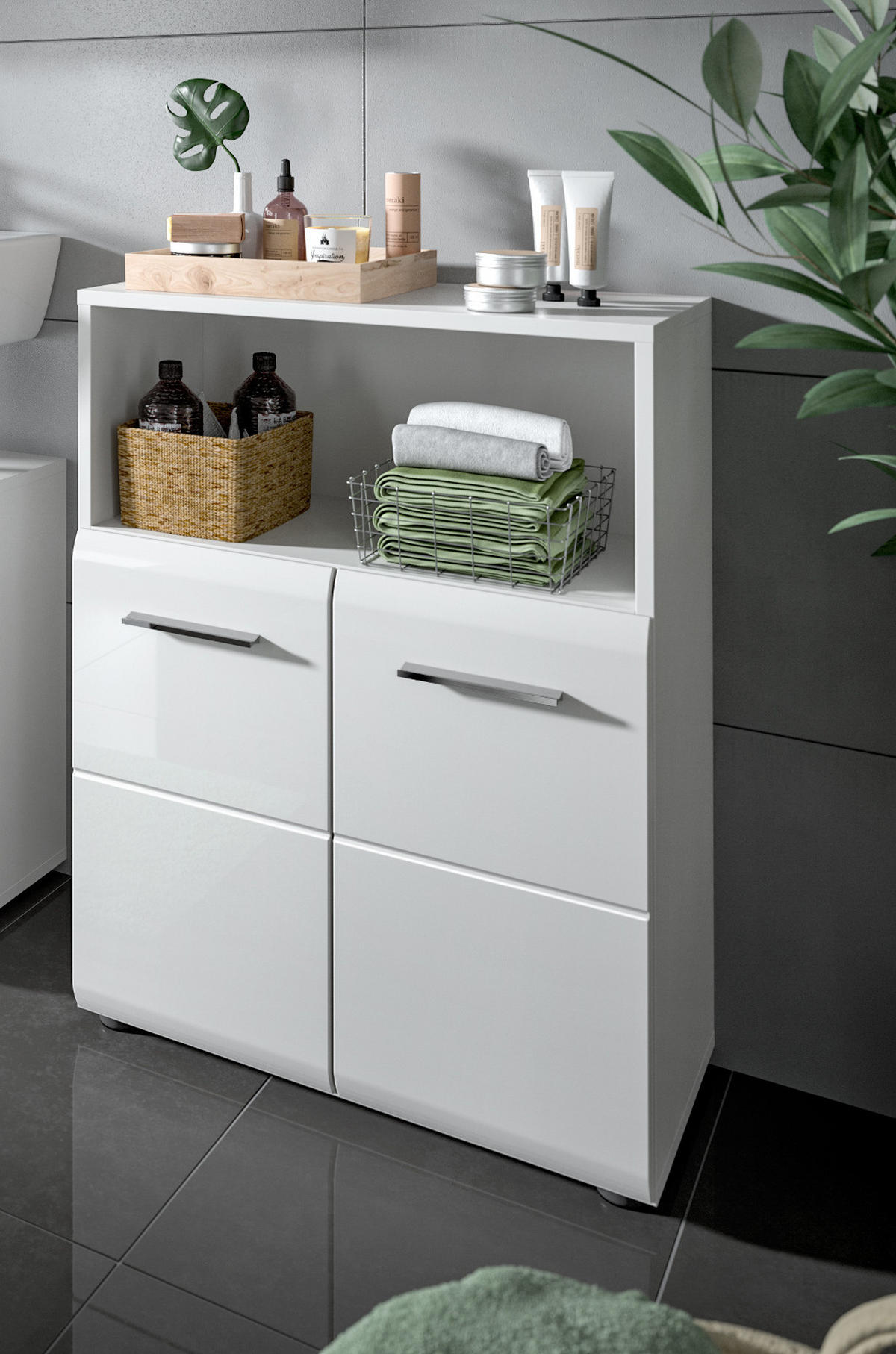 BADKOMMODE weiß Hochglanz, Badezimmer Kommode 60 x 80 cm - Weiß Hochglanz/Silberfarben, Holzwerkstoff/Kunststoff (60/80/30cm) - Inn.Furn