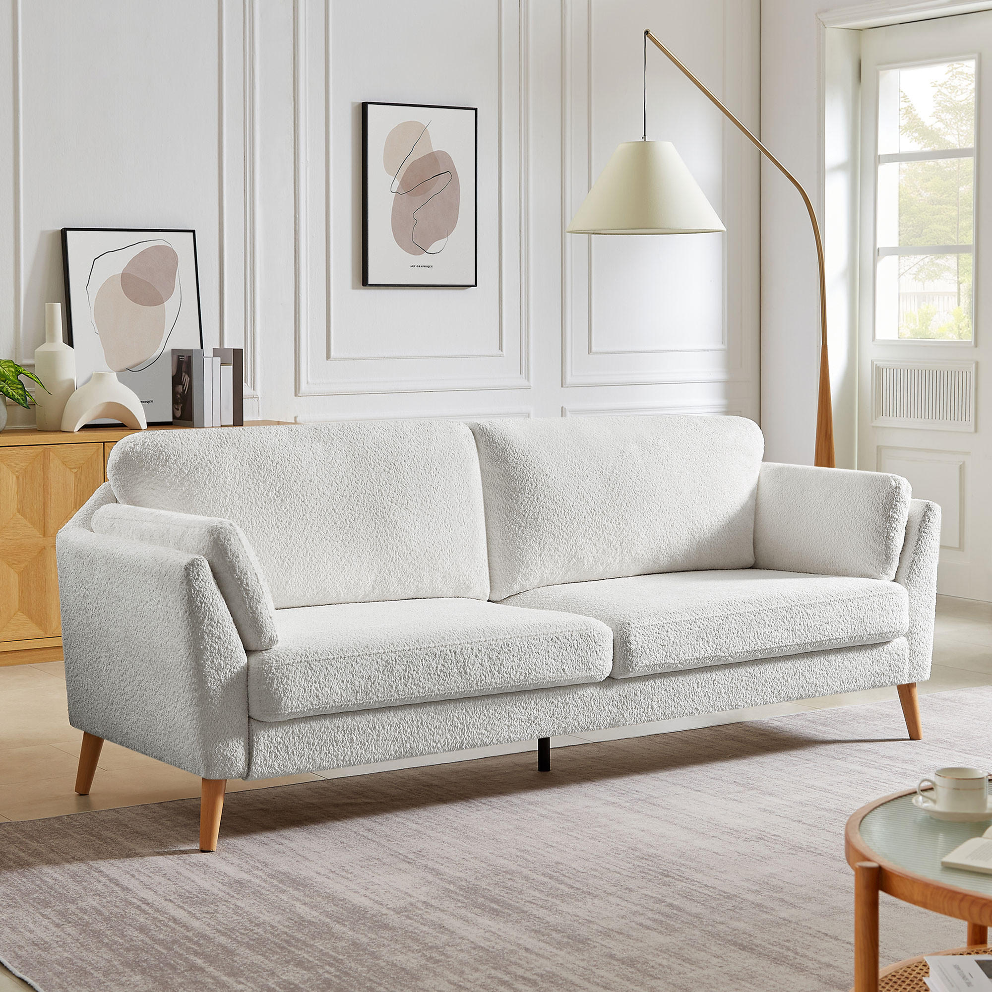 3-SITZER-SOFA Maja Skandinavisches mit weißer Bouclé - Weiß/Akaziefarben, Holz/Holzwerkstoff (225/86/80cm) - Sicaan