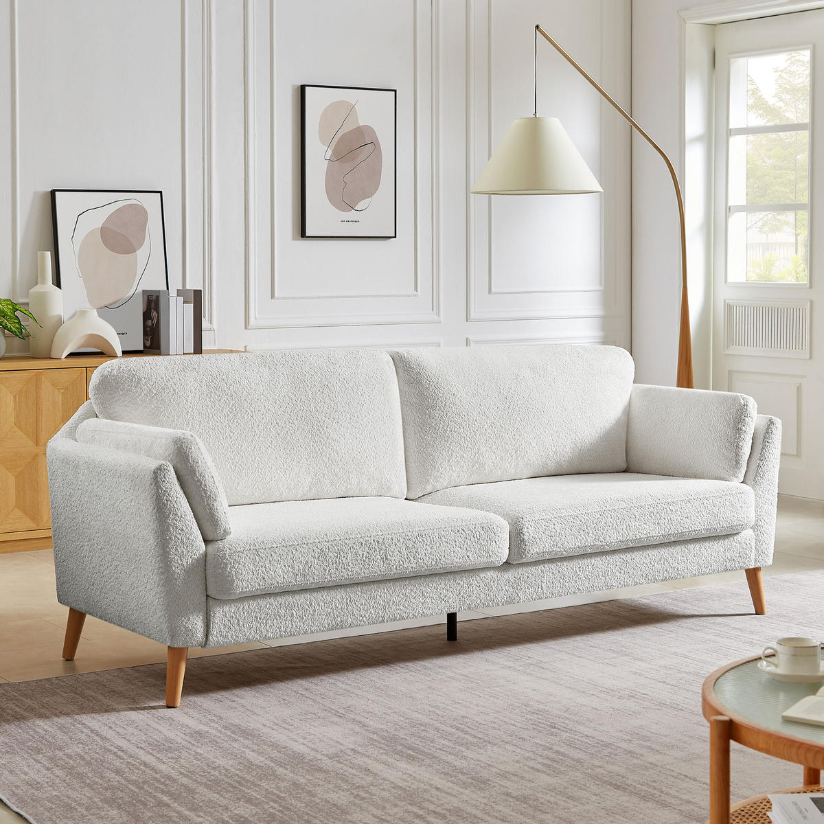 3-SITZER-SOFA Maja Skandinavisches mit weißer Bouclé - Weiß/Akaziefarben, Holz/Holzwerkstoff (225/86/80cm) - Sicaan