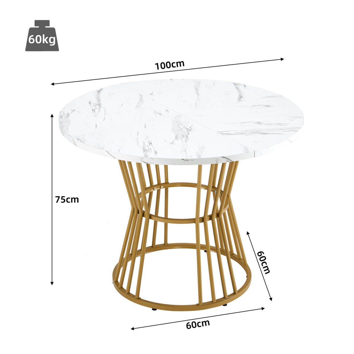 JÍDELNÍ stůl 100/100/75 cm bílý z MDF a kovu s mramorovým dekorem - bílá, kompozitní dřevo (100/100/75cm) - OKWISH