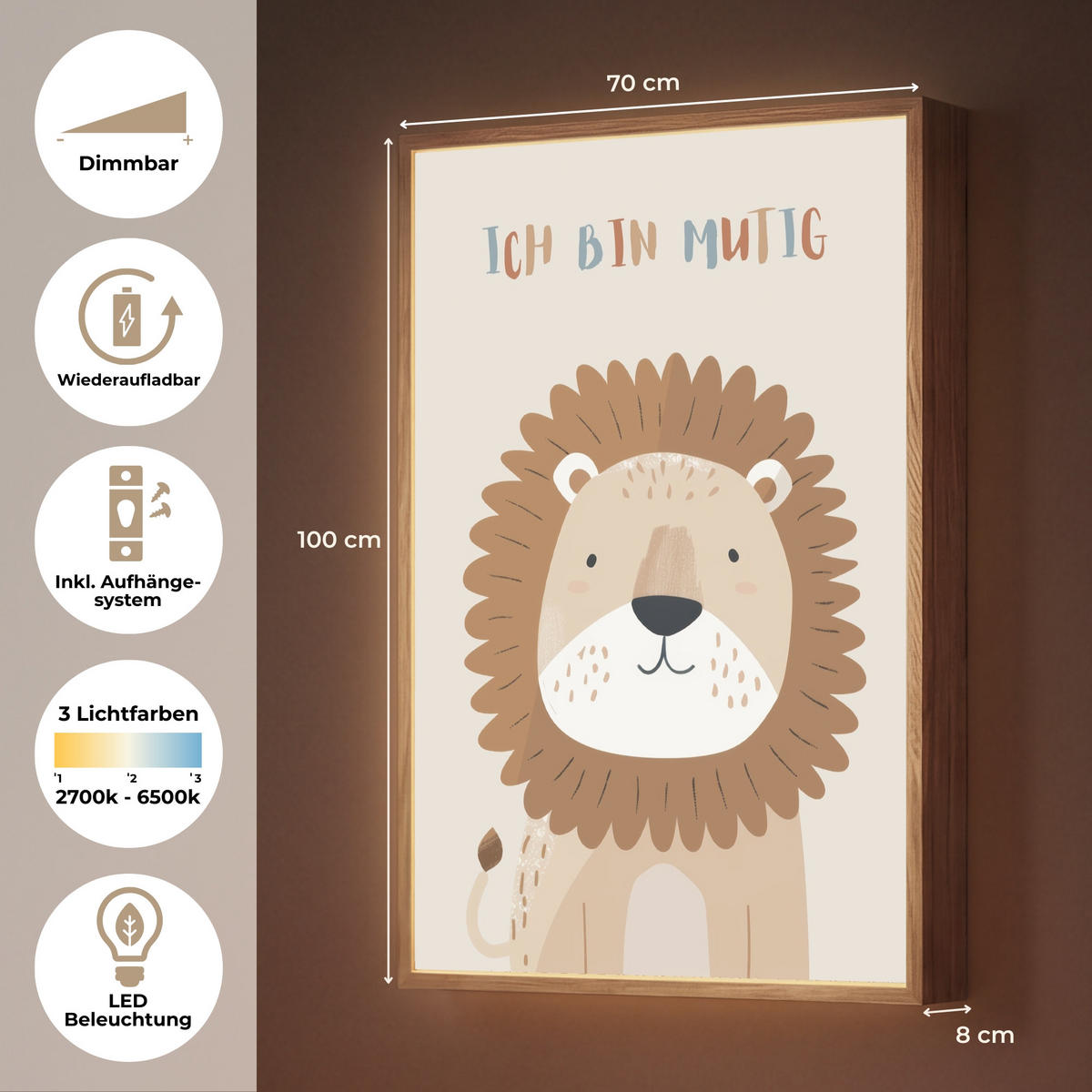 WANDLEUCHTE MIT AKKU Löwe - Beige - Tier - Mutig - Zitat 70x100 cm - Beige, Holzwerkstoff (70/100/8cm) - OnlyWow