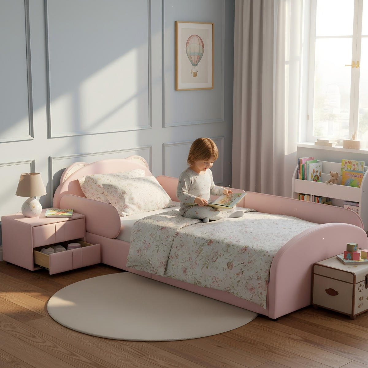 KINDERBETT aus Samt 90x200 cm Rosa mit Nachttisch, Bärenkopfteil und weich gepolsterten Stoßschutzkanten - Rosa, Textil (90/200cm) - Modfu