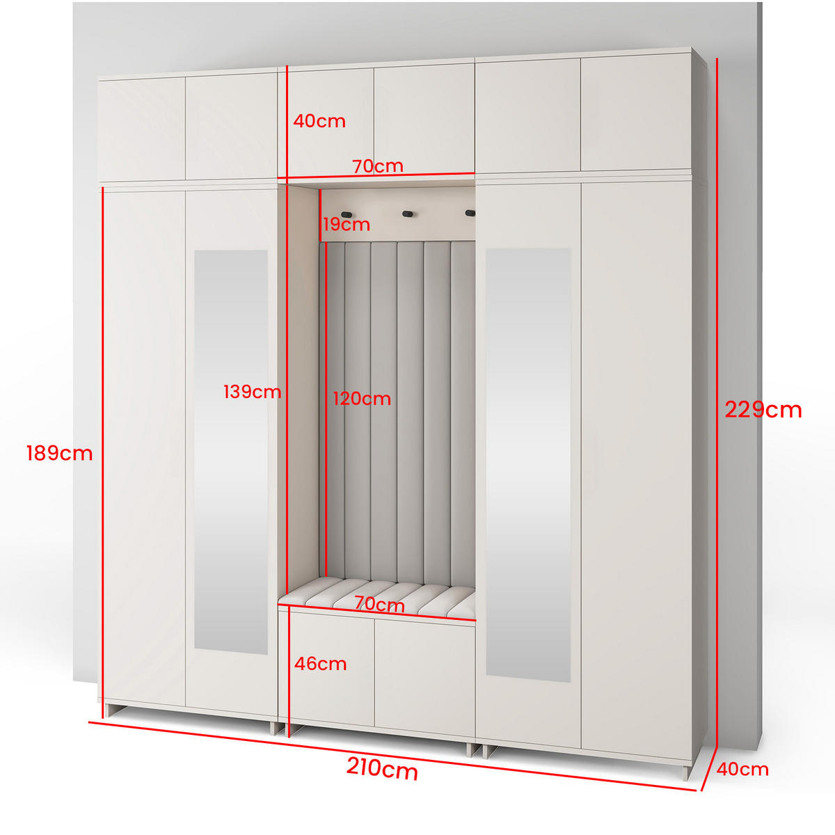 GARDEROBE Napoli version 12 mit Spiegel, mit POLSTERPANEELEN GRAU - Beige/Grau, Holzwerkstoff (210/229/40cm) - Jerpax