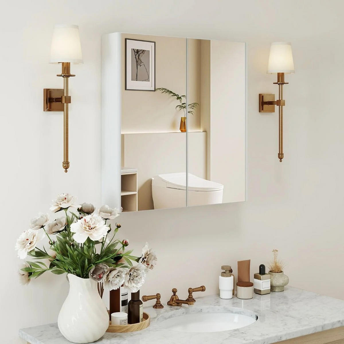 BADEZIMMER-SPIEGELSCHRANK aus Holz weiß - Weiß, Holzwerkstoff (62/65/11.5cm) - COSTWAY