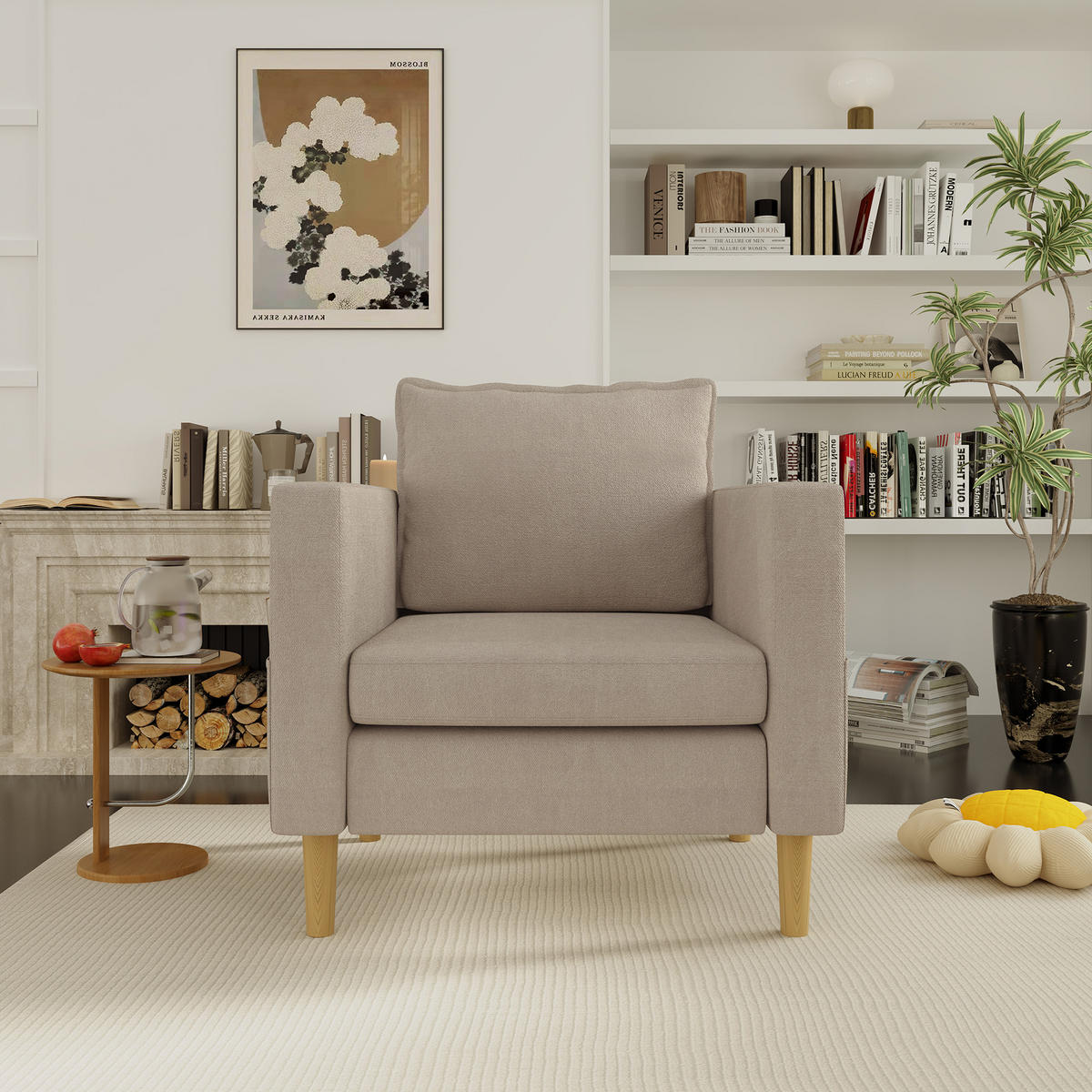 SESSEL Chenille Khaki mit Seitentasche und Kissen - Hellbraun, Holz/Holzwerkstoff (71/82/68cm) - WISHDOR