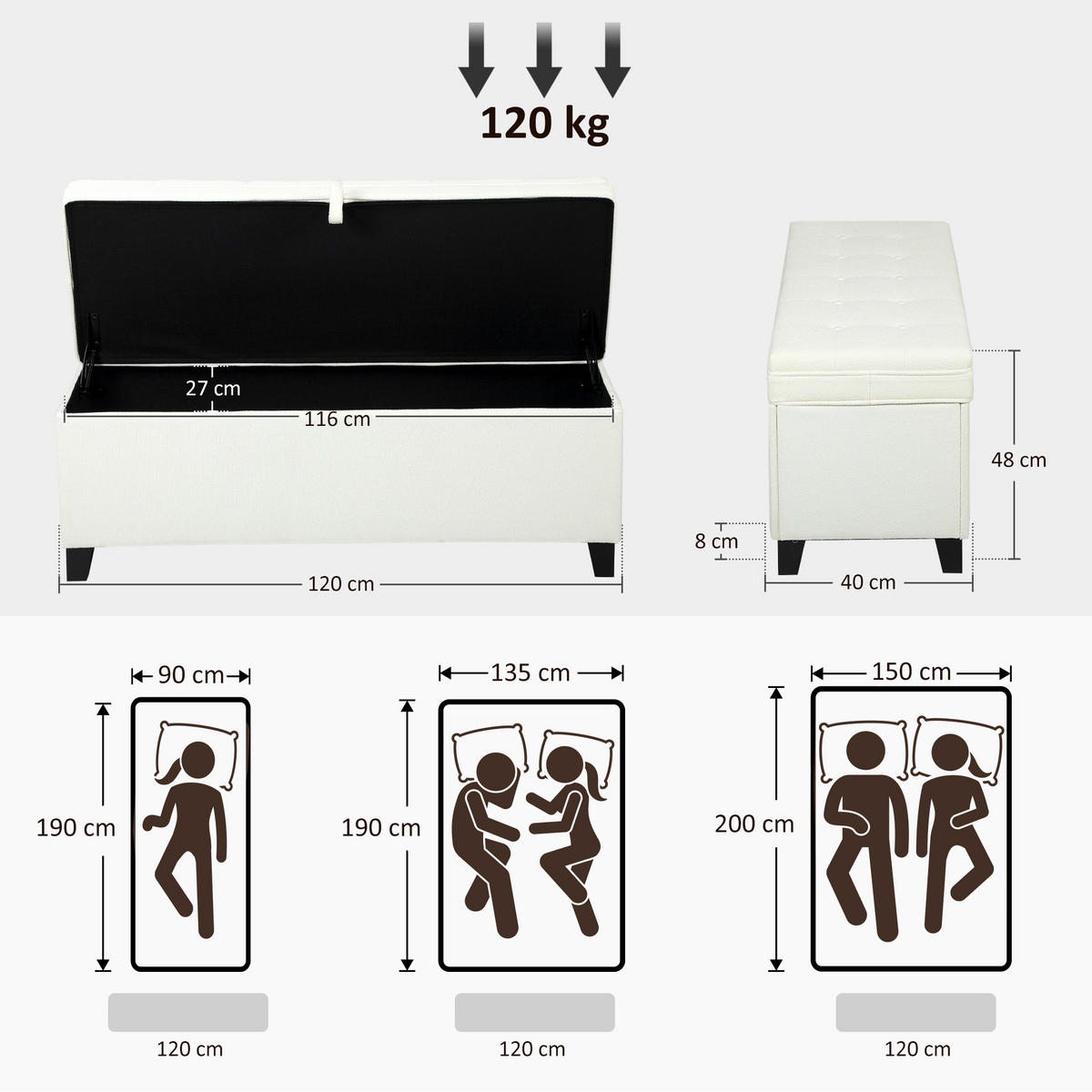 TRUHENBANK DE-16427 mit großem Stauraum (112 L) und Knopfheftung Creme - Weiß, Textil (120/48/40cm) - ComfortXL