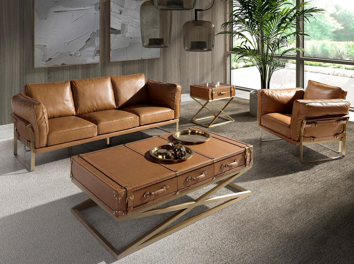 COUCHTISCH Rechteckiger Couchtisch aus Leder und goldenem Stahl 144/78/47 cm - Braun, Leder (78/144/47cm) - ANGEL CERDA