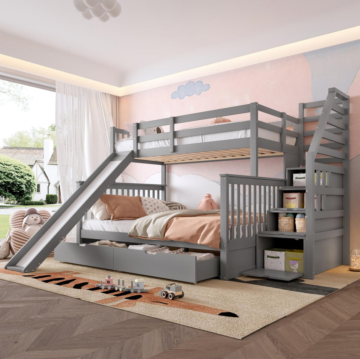 ETAGENBETT aus Kiefer 90x200/140x200 cm Grau mit Rutsche, Treppe und Schubladen - Grau, Holz (90/200cm) - Modfu