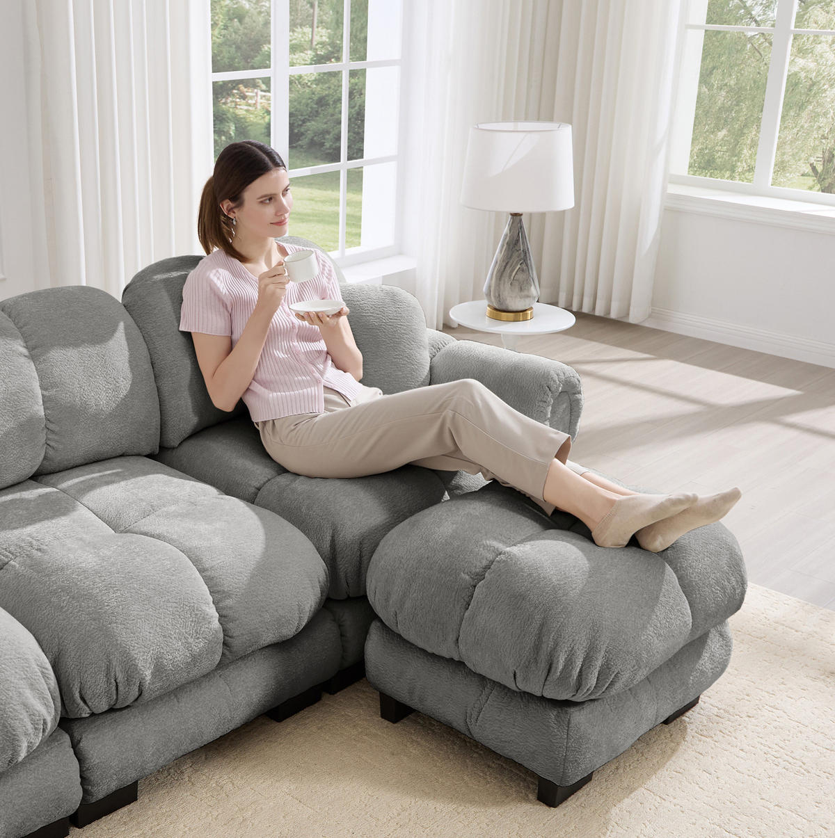SOFA 3-Sitzer L-Form Chenille Hellgrau - Hellgrau, Holz (149/260cm) - Meubliv