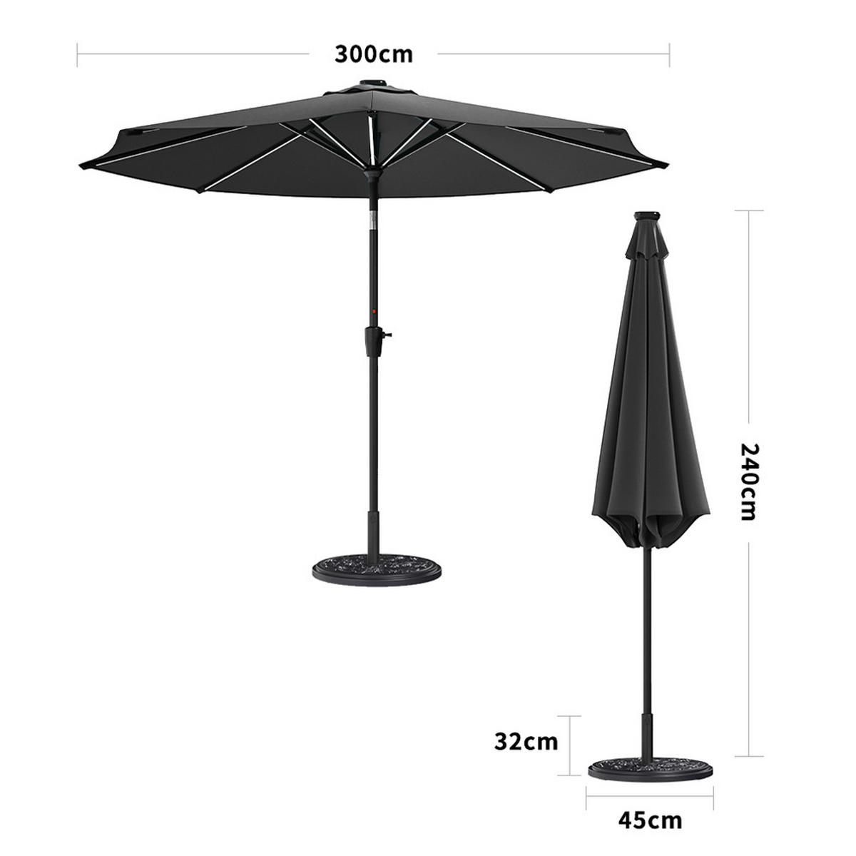 SONNENSCHIRM aus Polyester Metall und Sonnenschirmfuß aus Cement Blumenmuster 360° drehbar neigbar 60° 3 x 2.4m Ø45 × 25 cm - Schwarz, Metall (300/240cm) - Livingandhome