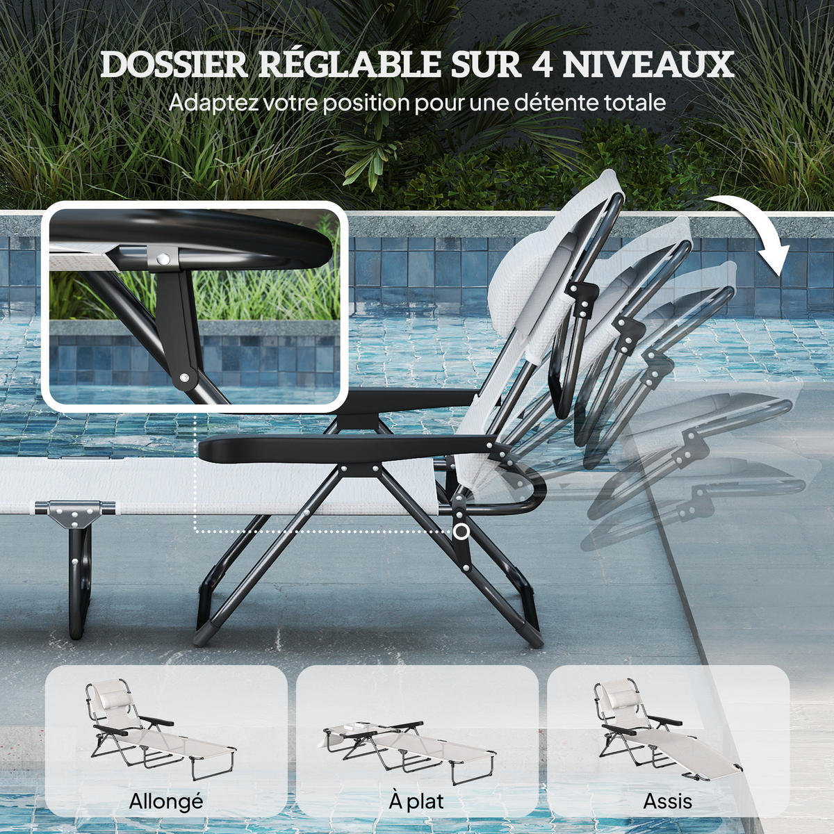 SONNENLIEGE DE-15633 klappbar, 4-fach verstellbar, mit Leseöffnung Creme - Creme, Metall (72/89/145cm) - ComfortXL