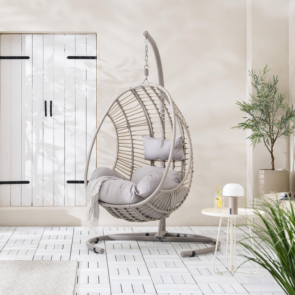 HÄNGESESSEL - Polyrattan / Stahl - Beige - Beige, Kunststoff/Textil (115/190/119cm) - home24