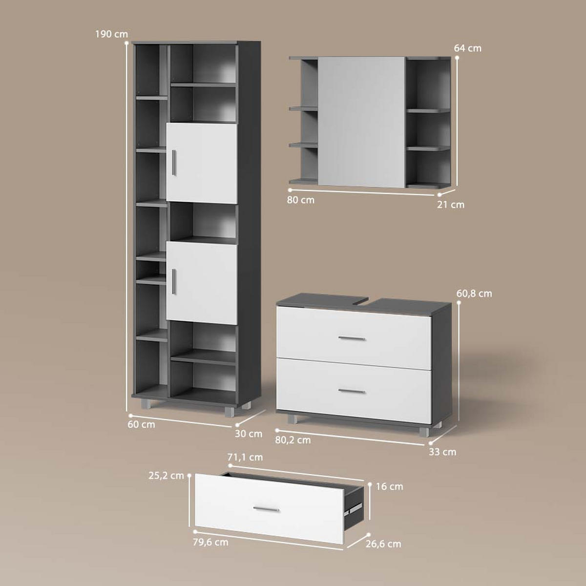BADMÖBEL-SET Eisak Anthrazit 3 Teile, mit Hochschrank - Anthrazit/Weiß, Holzwerkstoff (80/60/33cm) - Livinity®