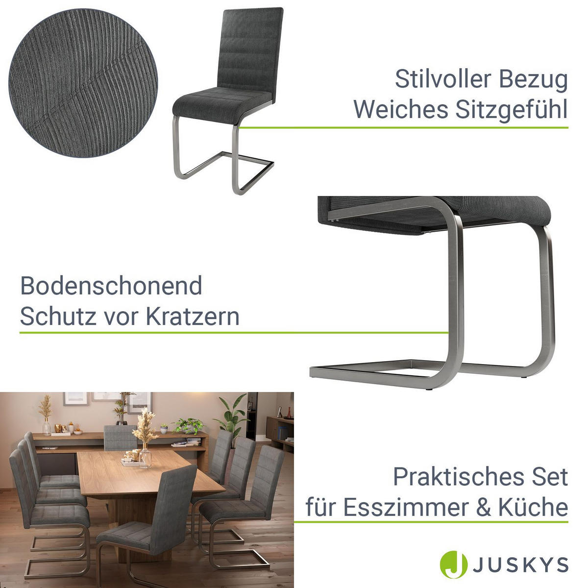 SCHWINGSTUHL Vegas dunkelgrau Cord (4er Set) - Dunkelgrau, Textil (41/101/52cm) - Juskys