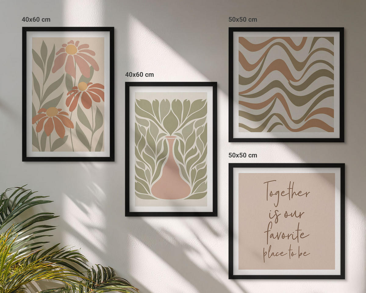 BILDER SET 4er Set - 50x50 cm & 40x60 cm Schwarzer Rahmen - Abstrakte Pastellblumen - Schwarz, Kunststoff (50/50cm) - TULUP