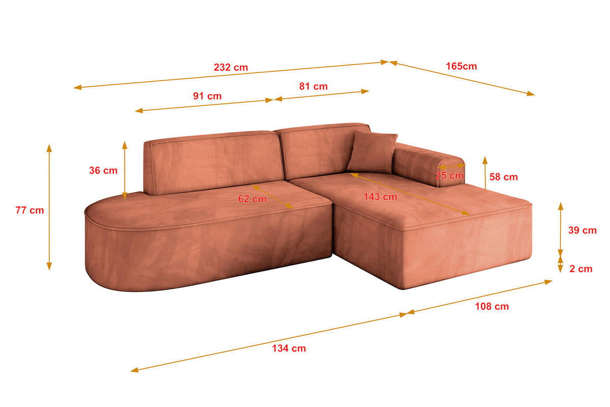 ECKSOFA Ottomane Rechts IREA-L1-v3 - 232x165x77 cm Apricot - Koralle, Holzwerkstoff/Textil (232/165cm) - ALTDECOR