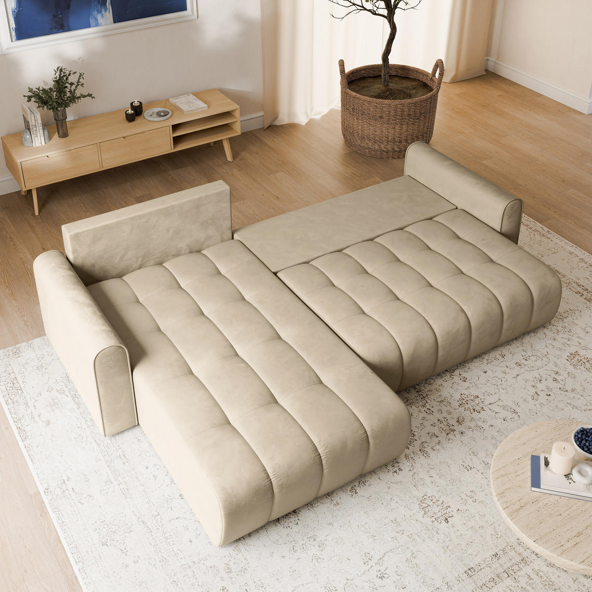 ECKSOFA FRIGA Creme Velours-Stoff mit Schlaffunktion - Creme, Holz (283/185cm) - MASSENO
