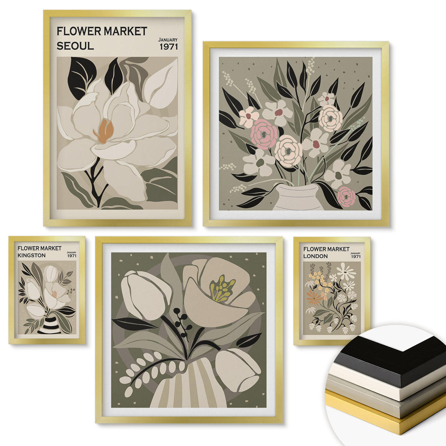 WANDBILDER 5er Set - 50x50 cm & 20x30 cm & 40x60 cm Goldrahmen - Retro-Blumen aus Städten rund um die Welt - Goldfarben, Kunststoff (40/60cm) - ArtPrintCave