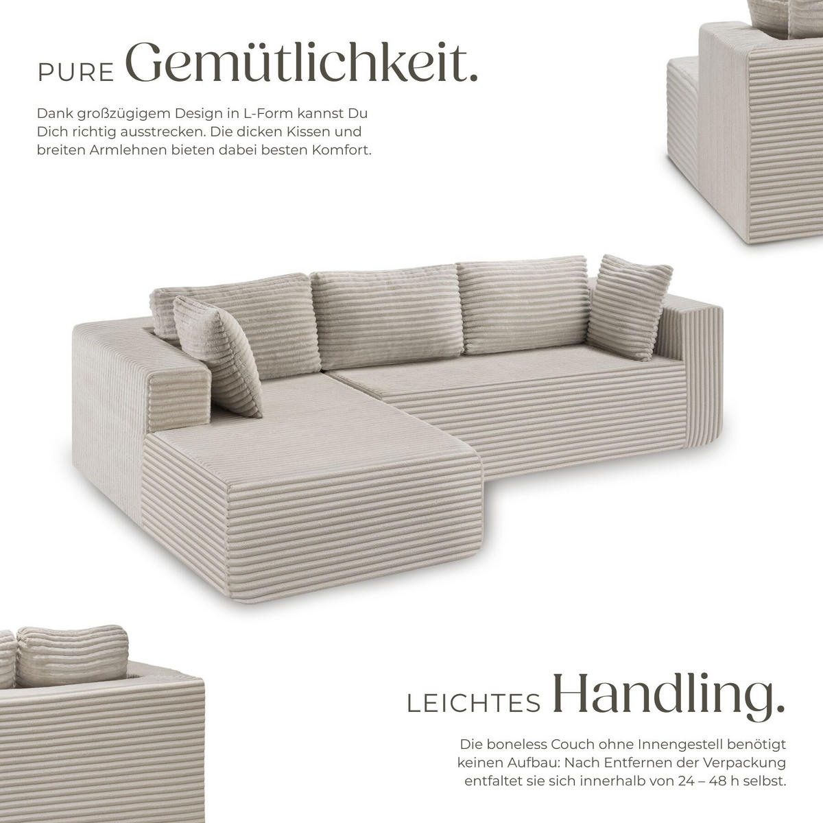 SOFA Relax, keine Montage, 250 cm Breite, Samtcord beige - Beige, Kunststoff/Textil (250/162cm) - tectake