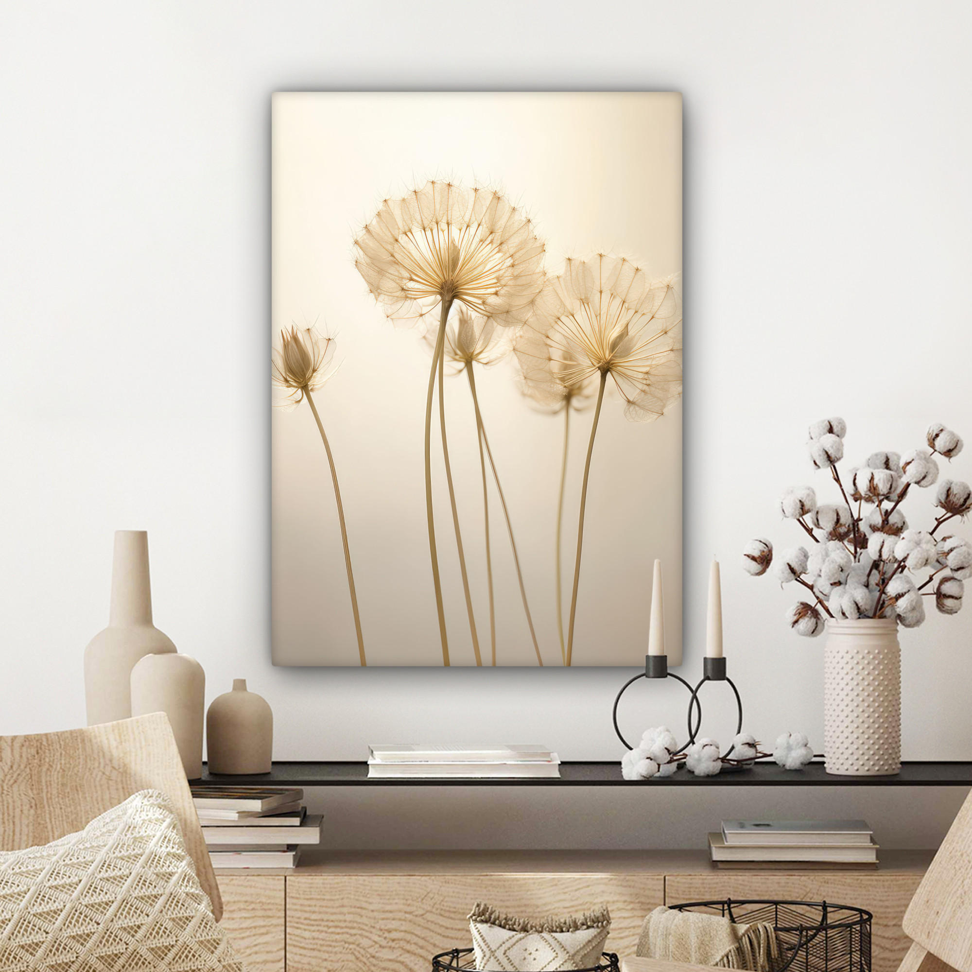 LEINWANDBILD Sonnenlicht - Löwenzahn - Botanisch - Blumen 60x80 cm - Creme, Textil (60/80cm) - MuchoWow