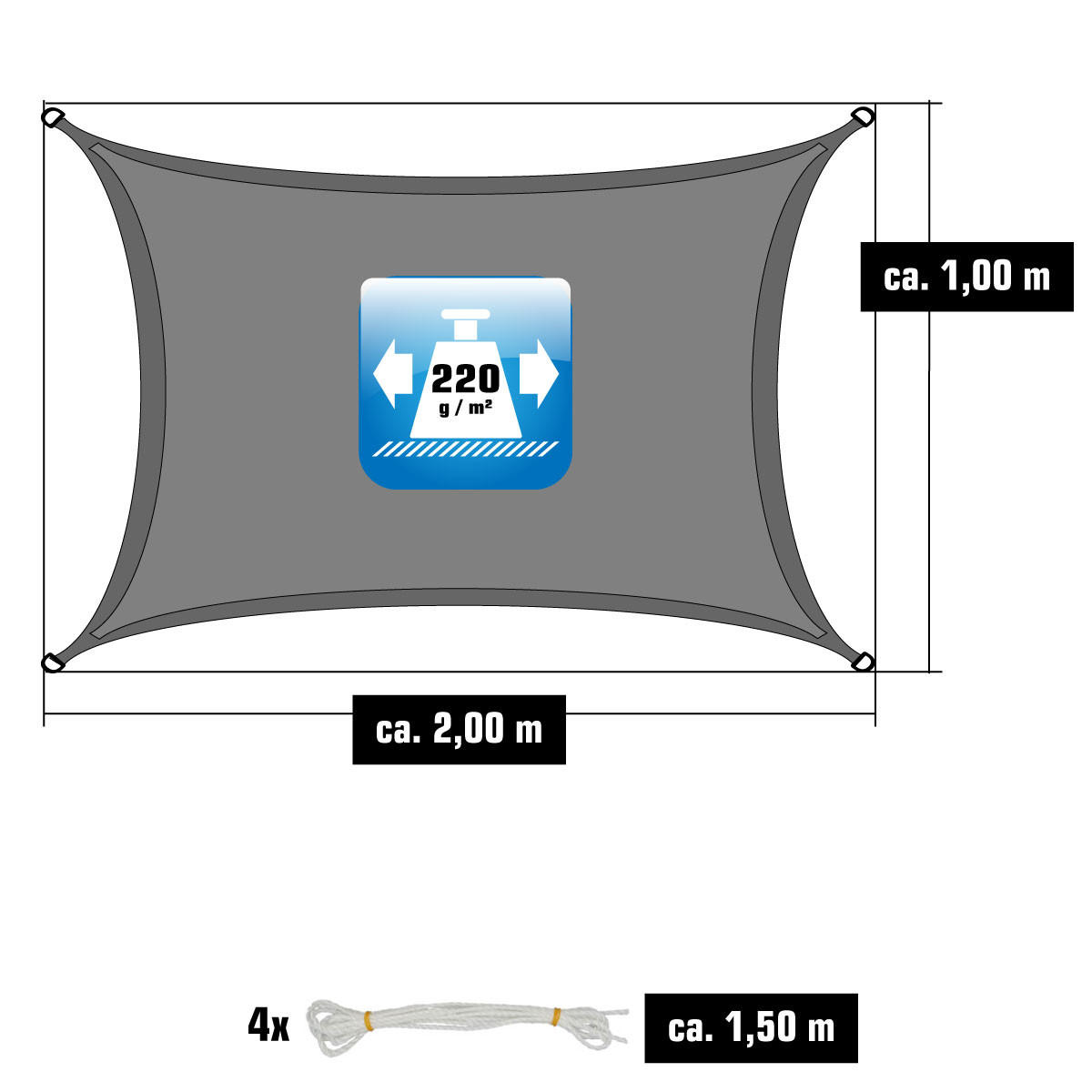UV-SONNENSEGEL 1/2 m, Viereckig, Wasserdurchlässig, Grau - Grau, Kunststoff (100/200cm) - Amanka