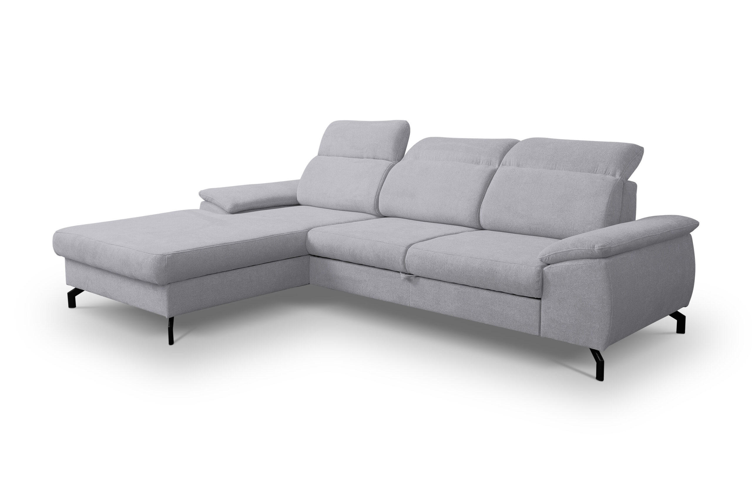 ECKSOFA MALIBU mit Schlaffunktion und Bettkasten, Farbe: Helgrau, Velourstoff, Ottomane Links - Hellgrau, Textil (276/184cm) - VENASI MÖBEL