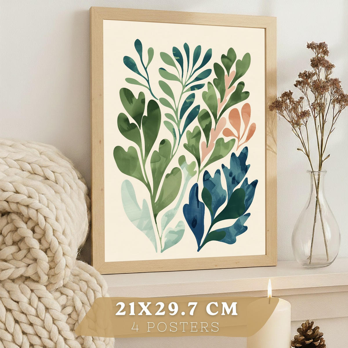 PLAKAT Sada 4 Větve A4 Lehký dřevěný rám - béžová, papír (29.7/1/21cm) - Nacnic