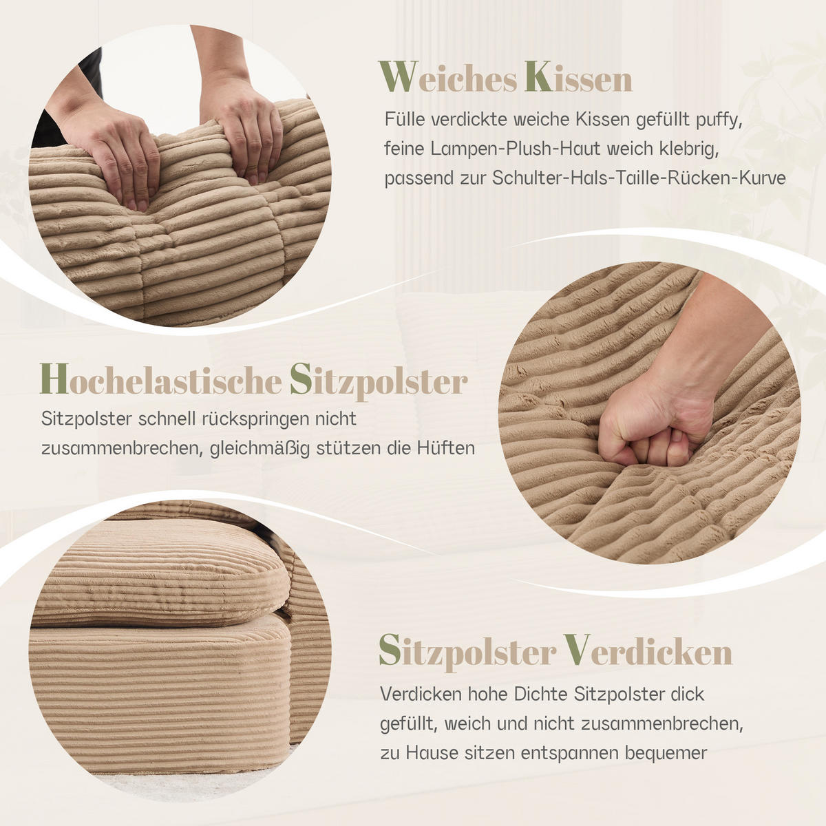 SOFA mit Liegefunktion, Getränkehaltern und verstellbaren Armlehnen in Khaki - Taupe, Textil (165/61/97cm) - EVRYAE