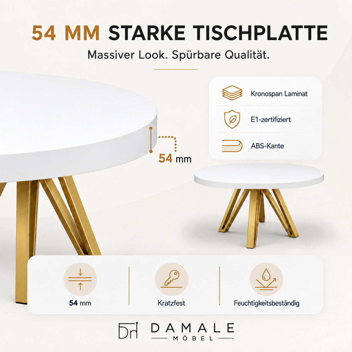 ESSTISCH rund ausziehbar 100/300/76 cm, Weiß, 54 cm Tischplatte + Industrial Metallgestell Gold - Goldfarben/Weiß, Holzwerkstoff/Metall (100/300/76cm) - Damale Möbel