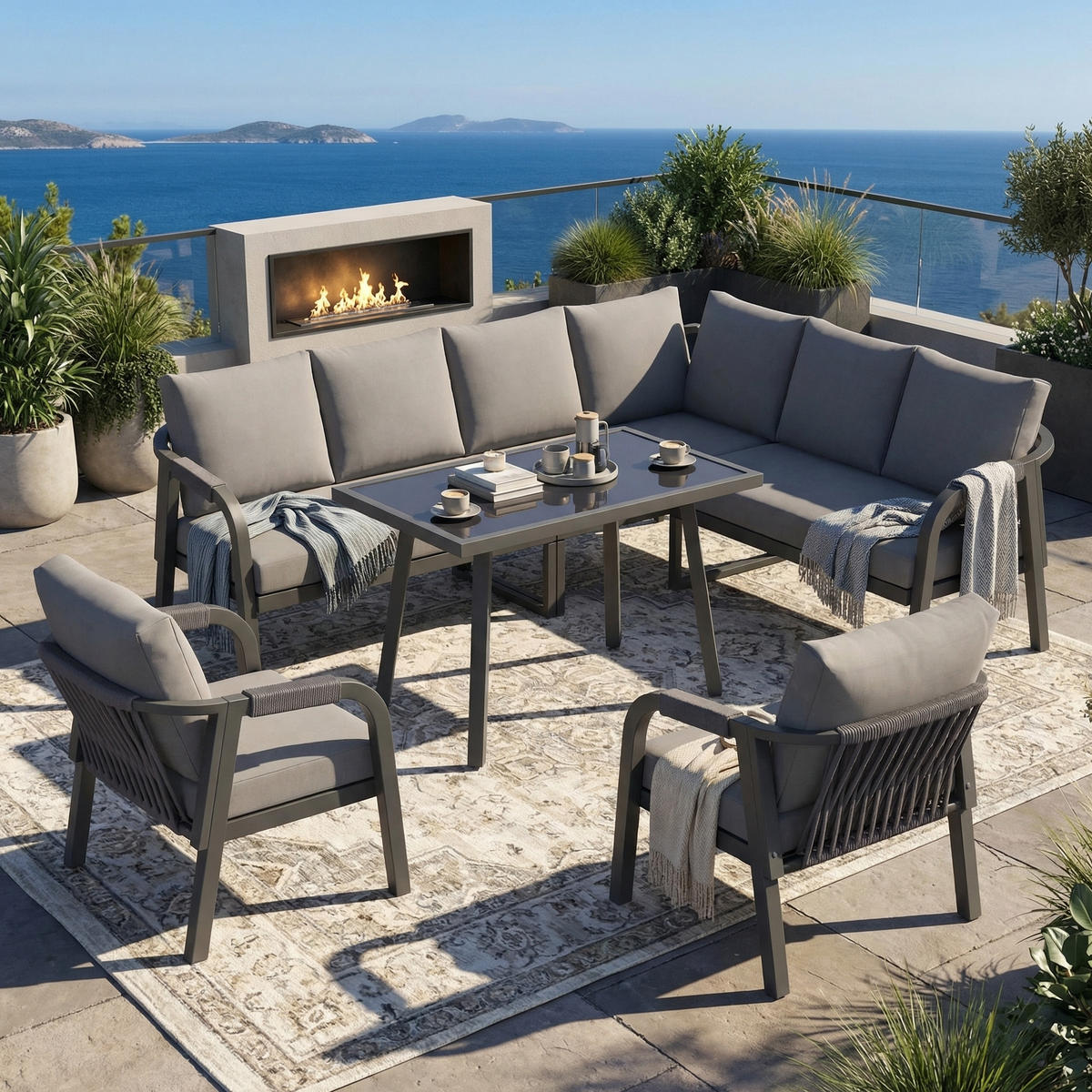 GARTEN-ESSGRUPPE 8 Personen Ecksofa Esstisch Sessel Grau - Grau, Textil - FLIEKS