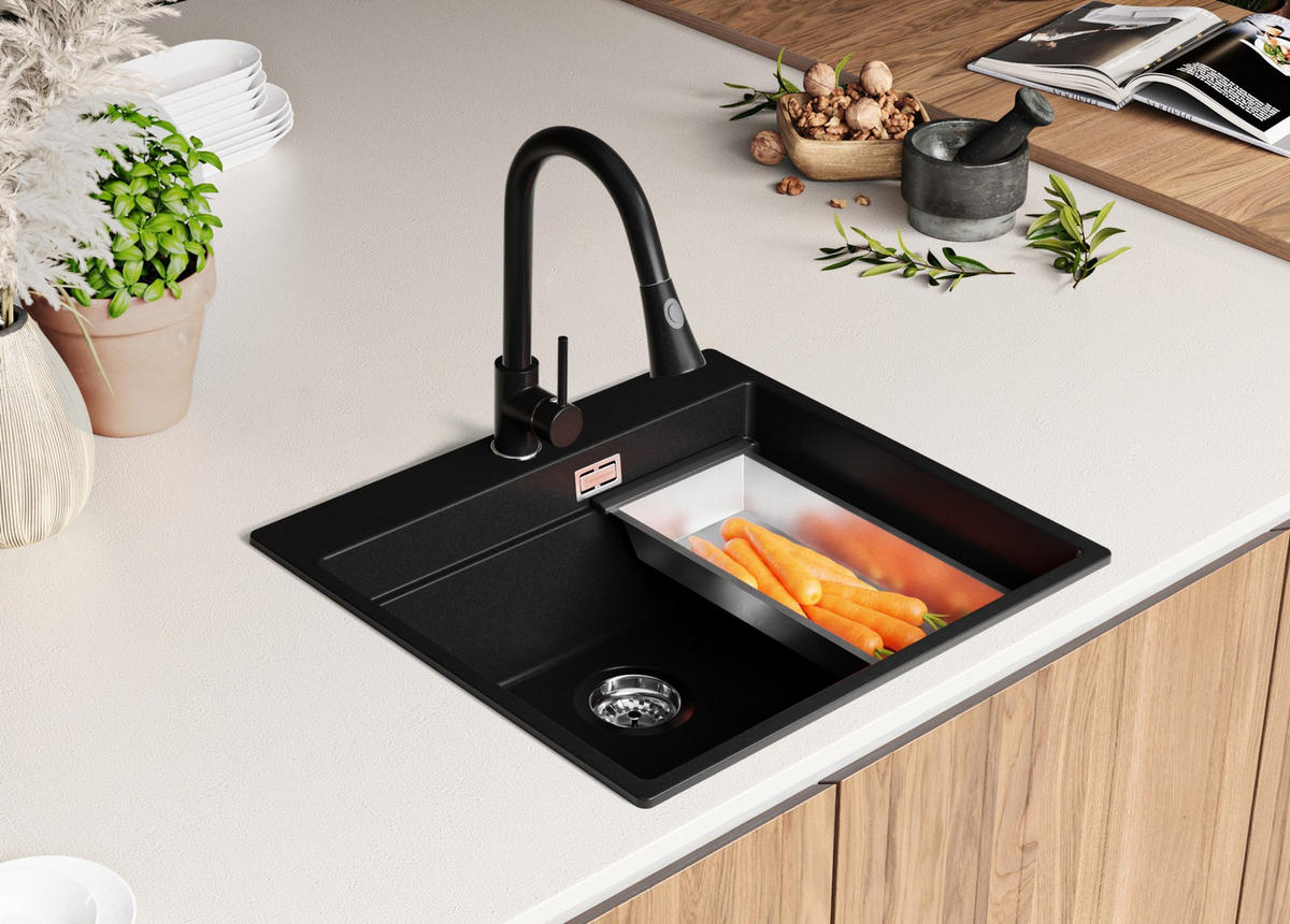 SPÜLBECKEN Oslo Max, 2-er set Alles Schwarz 58/53 cm 1 Becken + Ablauf-Set + Aufrollbare Abtropffläche ab 60er Unterschrank - Schwarz, Kunststoff (58/20/53cm) - Primagran