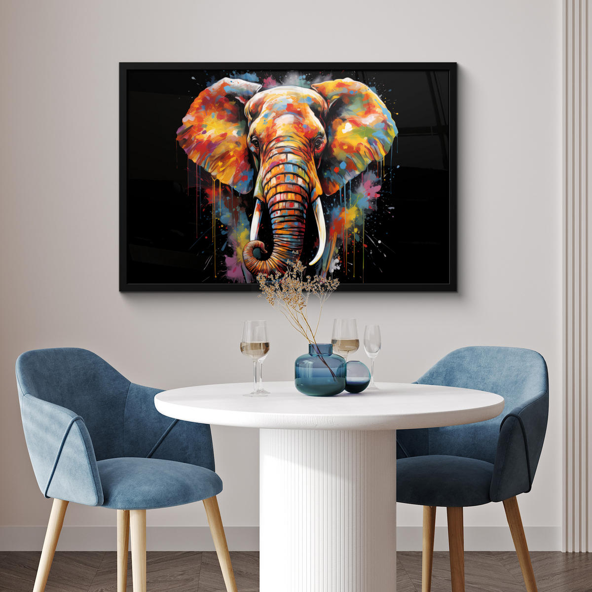 POSTER MIT RAHMEN Elefant - Graffiti - Schwarz - Tiere - Farben 90x60 cm - Schwarz, Papier (90/60cm) - MuchoWow