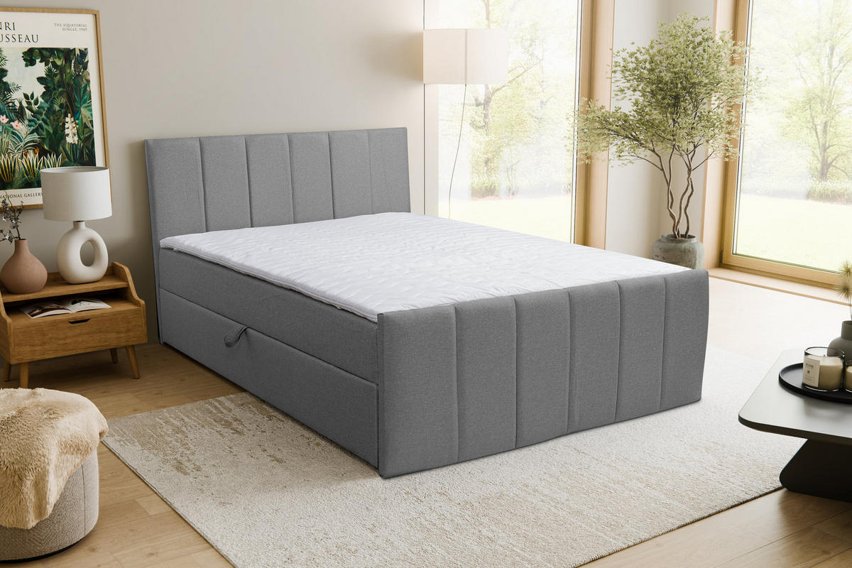 BOXBETT CLAUDINE mit 2 Bettkästen, 180x200, Farbe: Grau, Velourstoff, mit Bonell-Matratze inkl. Topper - Grau, Holz/Kunststoff (180/200cm) - VENASI MÖBEL
