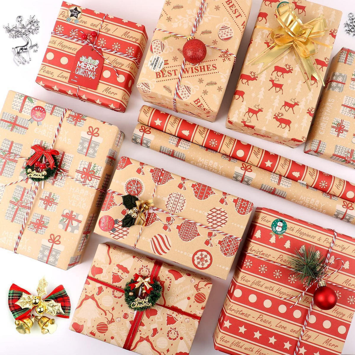 GESCHENKPAPIER Set 8 Blatt Braun Rot 70x50cm - Multicolor, Papier (50/0.1/70cm)
