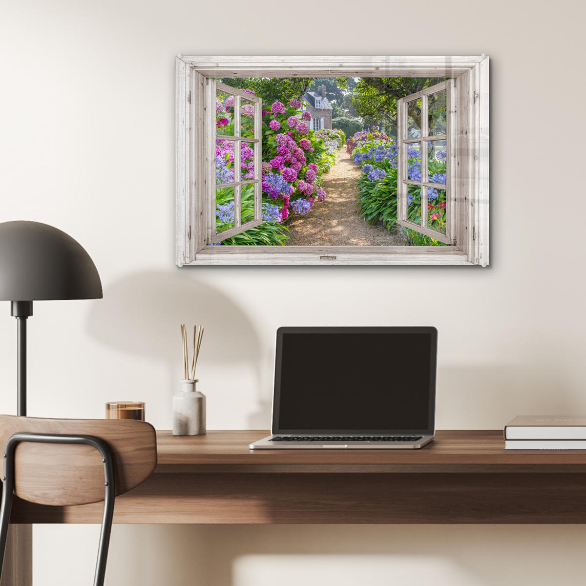 ACRYLGLASBILD Hortensie - Fensterblick - Blumen - Sommer - Lila - Weg 60x40 cm - Lila, Glas (60/40cm) - MuchoWow