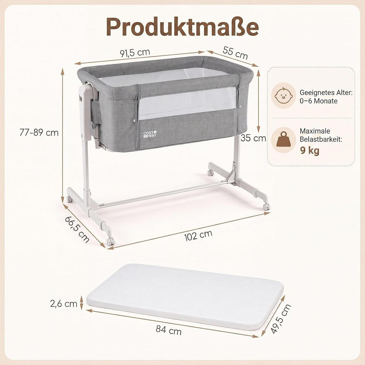 BABYWIEGE höhenverstellbar grau - Grau, Textil - COSTWAY