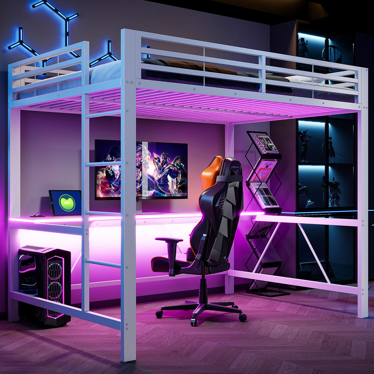 HOCHBETT 140/200 cm in Weiß mit Schreibtisch, LED und USB - Weiß, Holzwerkstoff/Metall (140/200cm) - WISHDOR
