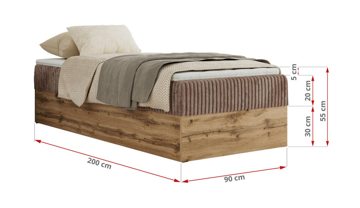 BOXBETT WOOD ZERO 90/200 - Braun Cord - H4 - Topper T25 - Braun, Textil (90/200cm) - MKS