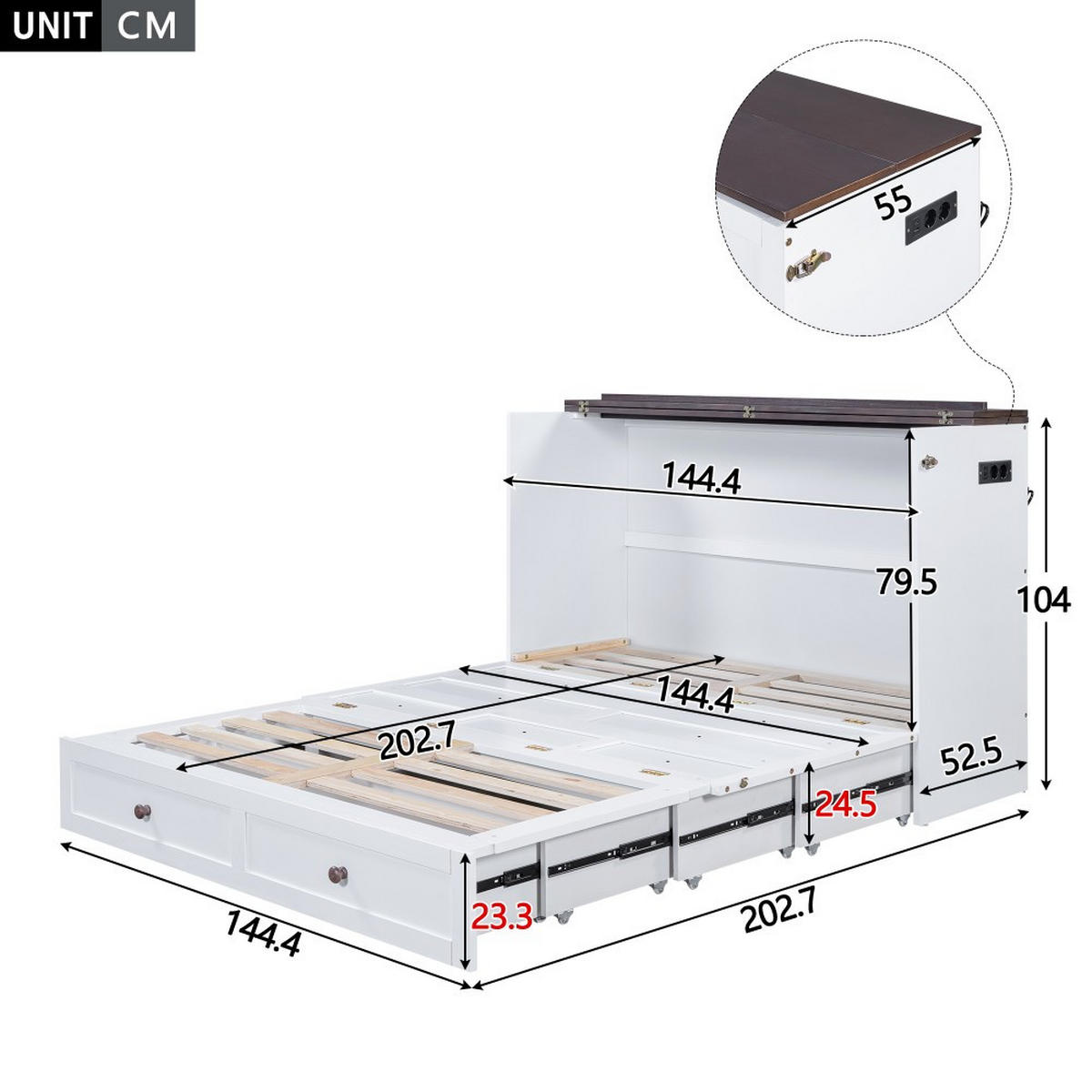 SCHRANKBETT 140 x 200 cm in weiß mit USB und Steckdose - Weiß, Holz (140/200cm) - KOMHTOM